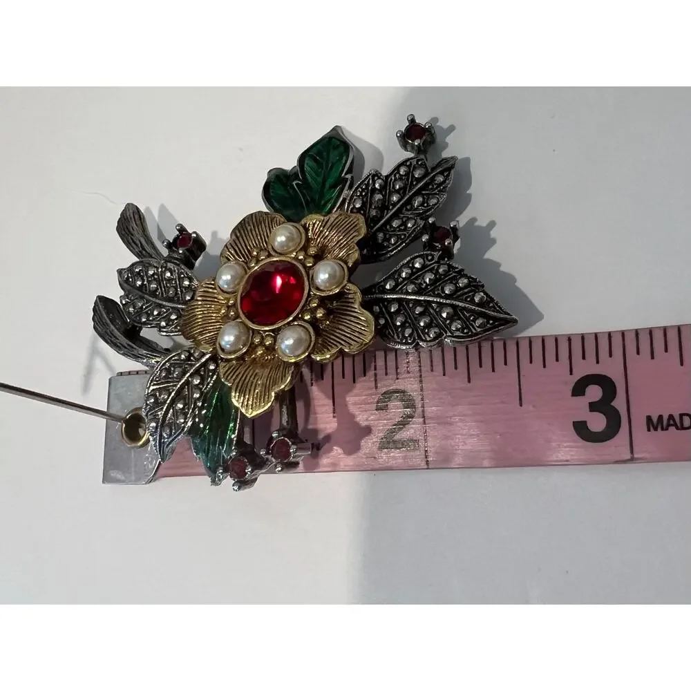 Avon Vintage Christmas‎ Floral Red Green Faux Pearl Brooch Pin - Picture 4 of 6